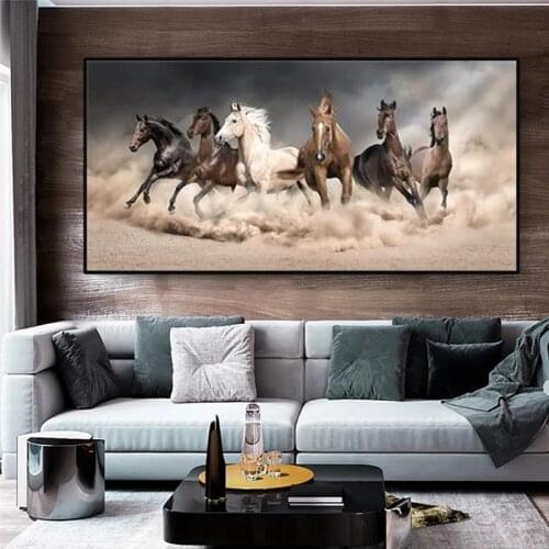 The art prints and posters of the running horses printed on the canvas decorate the home living room art pictures