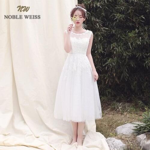Wedding Dresses O-neck Tulle A-line Simple Wedding Dress Sexy Beading Appliques Mid-calf Bridal Dresses Short Wedding Gown
