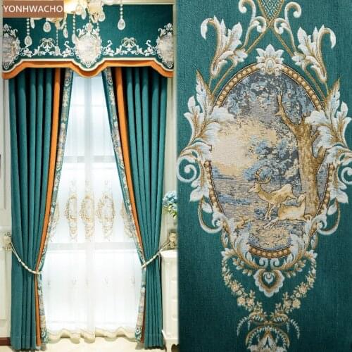 Custom curtains American retro luxury atmosphere dark green chenille thick cloth blackout curtain valance tulle drape C879