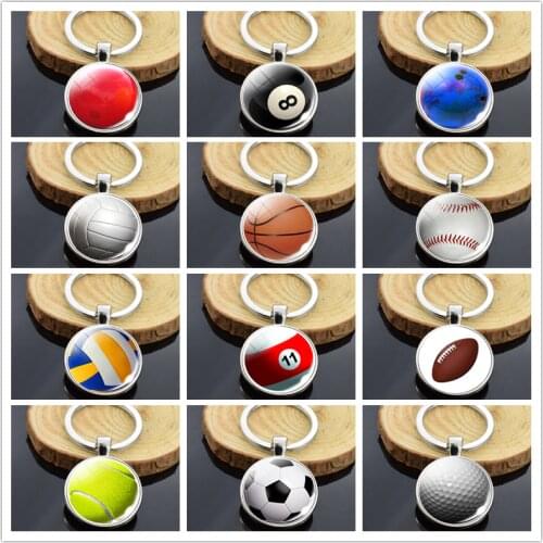 Sport Ball Keychain Basketball Football Baseball Volleyball Billiard Soccer Golf Double Side Glass Cabochon Pendant Keyring for