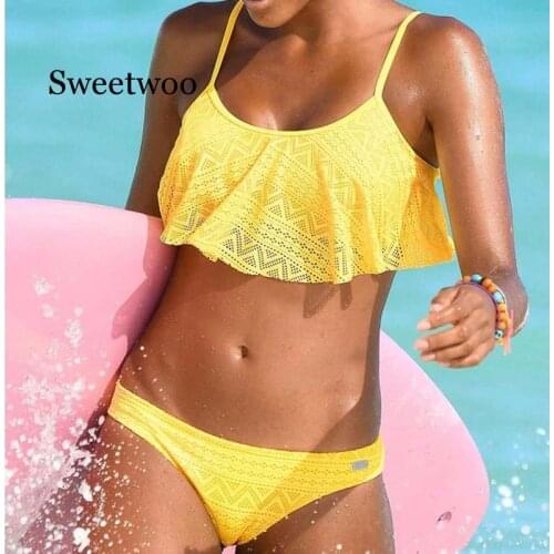 Yellow Mesh Ruffle Women Swimwear Push Up Swimsuit 2020 Sexy Beach Bikini Plus Size Bathing Suit Vintage Girls Swimming Suit