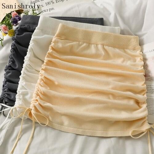 Drawstring Folds Bodycon Skirt 2021 Spring Autumn Women Tie Bow Elastic High Waist Mini Skirt Female Slim Short A-Line Skirts