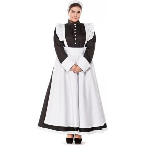 Women Housekeeper Halloween Uniform Long Apron Outfit for Adult Colonial Victorian Maid Costume Servant Maxi Pinafore Dress
