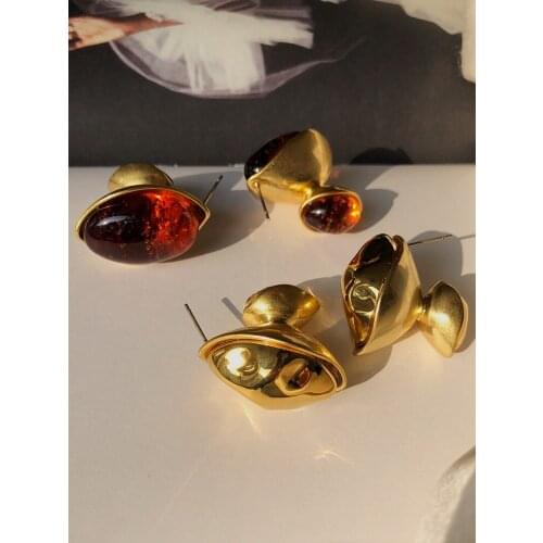 Women Jewelry Red Stone Statement Earrings Brass With 18K Gold Punk Party Gown Runway Rare Korean Japan Boho Hiphop