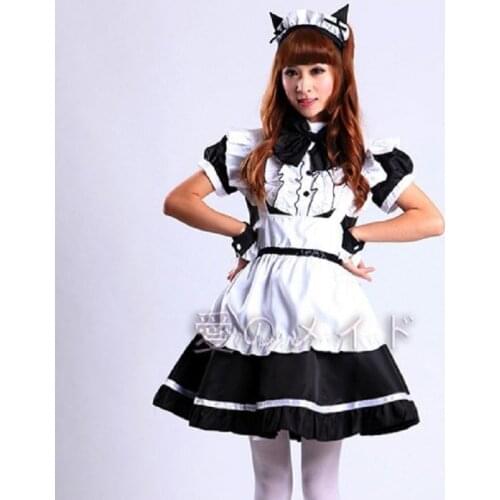 Women Cat Ear Maid Outfit Lolita Dresses Falbala Apron Dress Cosplay Costume