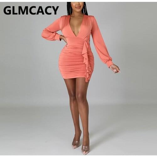 Women Long Sleeve V Neck Ruffles Bodycon Party Club Mini Dress