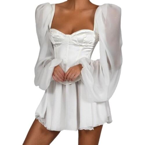 2021 Ladies Sexy White Strapless Dress Long Sleeve Party Tight-Fit Lantern OL Temperament Slim Chiffon Dresses