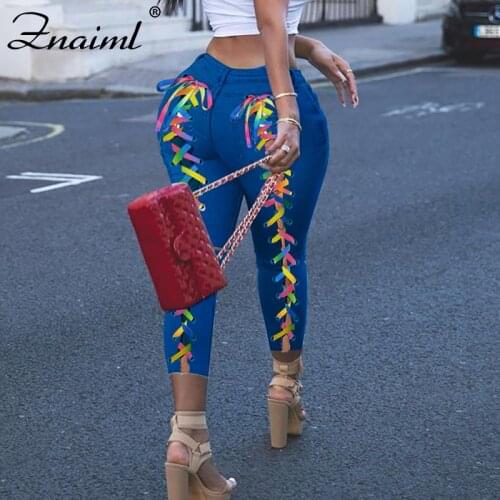 Znaiml Colour Bandage Patchwork High Waist Comfortable Jeans For Women Fashionable Pencil Pants Mom Denim Jeans Plus Size S-2XL