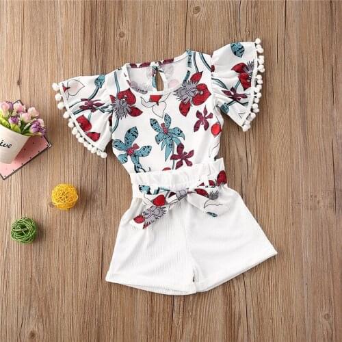 2020 Summer Toddler Kids Baby Girl Clothes Flowers Print Tassel Short Sleeve Tops Shorts Pants Holiday Outfits Set Clothing