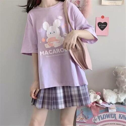 2021 Purple Rabbit T Shirt Cartoon Funny Loose Tees Female Summer Tops Half Sleeve O-Neck T Shirt Hip Hop Kawaii Clothes Femme
