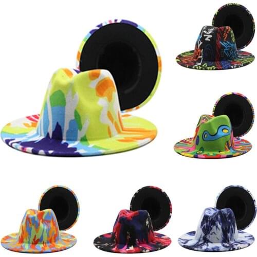 2021 Hot Graffiti Jazz Woolen Fedora Hats For Men Women Yellow Orange British Style Fashion Wedding Party Wide Brim Felt Hat
