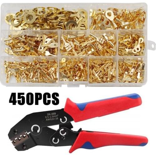 450PCS M3 M5 M8 Ring Lugs Ring Eyes Set 2.8/4.8/6.3mm Spade Crimp Terminals Cable Lug Wire Connectors SN48B Crimping Plier