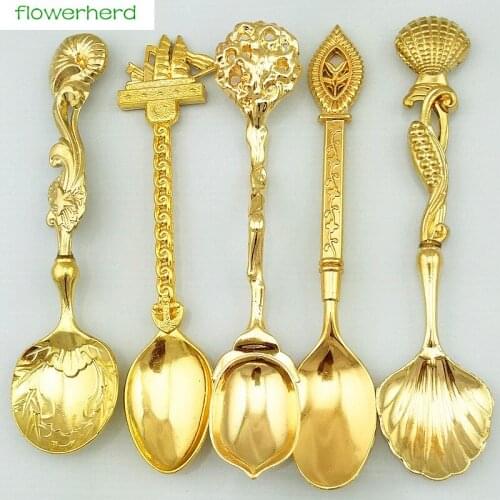5pcs Vintage Royal Style Bronze Carved Small Coffee Spoon Tea Ice Cream Sugar Cake Flatware Sliver Gold Tableware Kitchen Tools