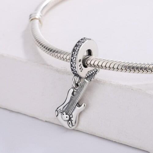 925 Sterling Silver Rock Music Electric Guitar Dangle Pendant Charm Bracelet Fashion Jewelry DIY Making For Original Pandora