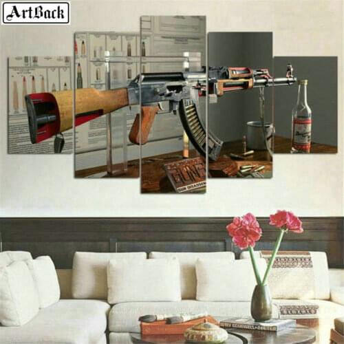 5 spell diamond painting gun picture 3d round diamond embroidery mosaic full square living room decoration AK47 gun sticker