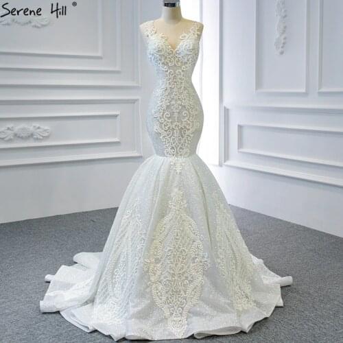 White Mermaid V-Neck High-end Wedding Dresses Glitter Sleeveless Beading Sexy Bride Gowns 2020 HM67137 Custom Made
