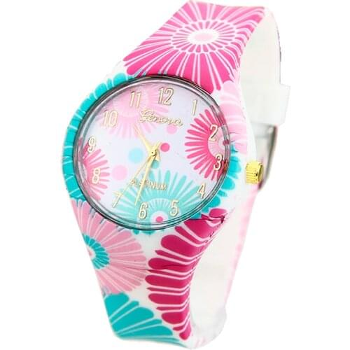 NEW Silicone Geneva Flowers Watch Platinum Geneva Watch Analog Printed Rubber Band Vintage Fashion Women wristwatch