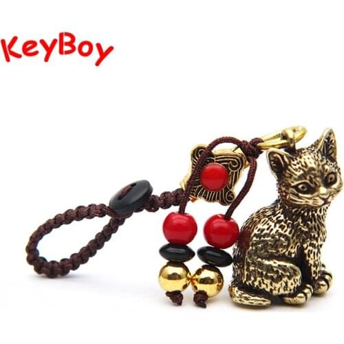Pure Copper Plutus Cat Keychain DIY Hanging Accessories Jewelry Cute Animal Kitten Figure Keyring Pendant Children Birthday Gift