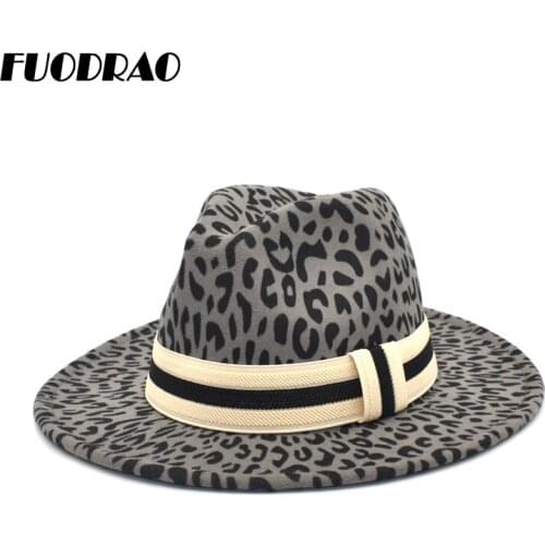 FUODRAO Fashion Leopard Fedora Hat Women Large Brim Autumn Winter Wool Panama Ribbon Cowboy Hat Men Vintage Jazz Cap F117
