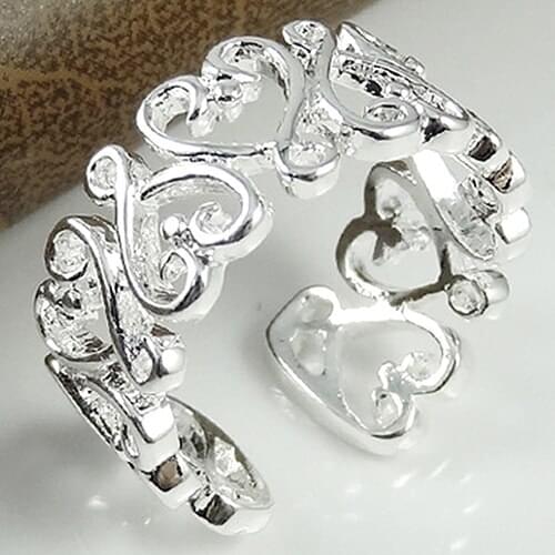 Hot Sale Women Fashion Gift Love Heart Adjustable Jewelry Hollow Silver Plated Open Womens ring for Party Wedding Birthday Gift
