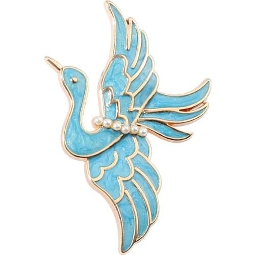 Classical Crane Brooch Chinese Style Gilt Color Blue Enamel Pin Pearl Gold Rim Exquisite Badge Womens Jewelry Gifts For Mothers