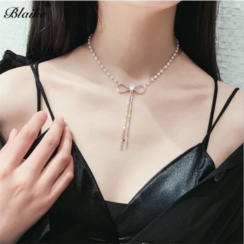 Blaike Fashion White/Black Pearl Choker White Zircon Butterfly Necklace Tassel Pendant Necklace For Women Valentines Gifts