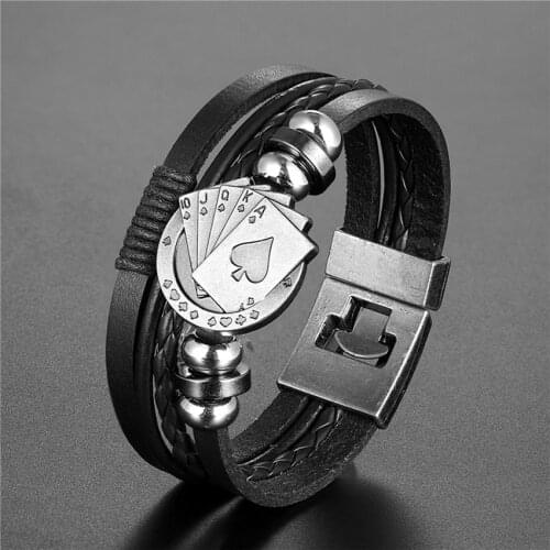 2020 New Punk Bracelets Men Multi-layer Poker Leather Bracelet Ladies Wrap Charm Cuff Bangles Pulseira Masculina TZ-607