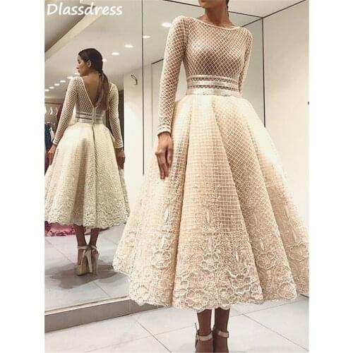 Champagne Homecoming Dresses Popular Laces Tulle Long Sleeves Illusion O0neck Tea-length Evening Dress платья знаменитостей