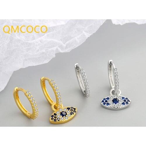 QMCOCO 925 Silver Blue Zircon Eyes Pendant Asymmetry Earrings For Woman Trendy Elegant Charm Bride Jewelry Gift Prevent Allergy