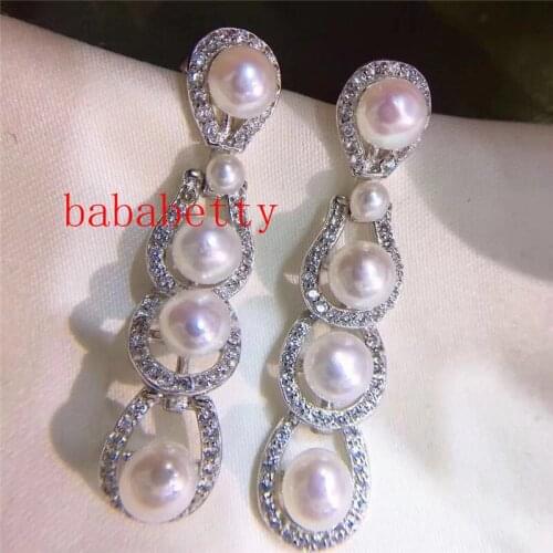 New Natural Rare white 3-5mm freshwater pearl 925 sterling silver earrings