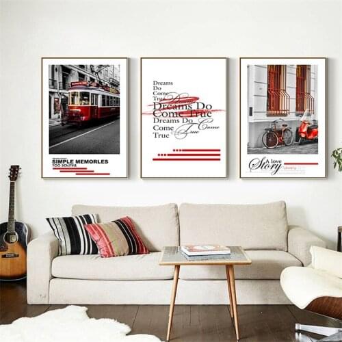 Nordic Spray Color Romance City Red Landscape Yellow Text Background Canvas Painting Wall Pictures Poster Living Room Decoration