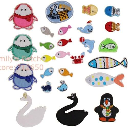 CPAM Shipping 10 pcs Fish Goose Penguin Crab Animals Embroidered iron on patch fashion clothing hat bag shoe phone accessory
