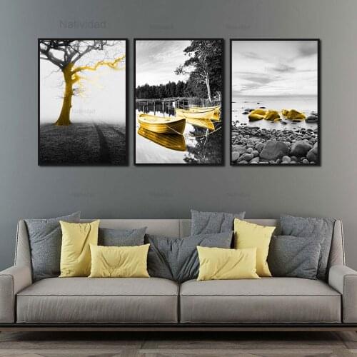 Modern Landscape Poster Black Yellow Stone Boat Tree Canvas Painting Art Nordic Print Wall Pictures Living Room Home Decoration
