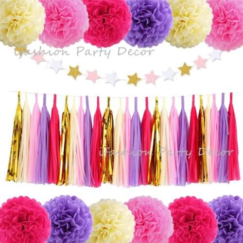 Tissue Paper Pom Poms Flowers Tissue Tassel Garland Star Paper Garland for Wedding Baby Bridal Shower Party Decorations Supplies
