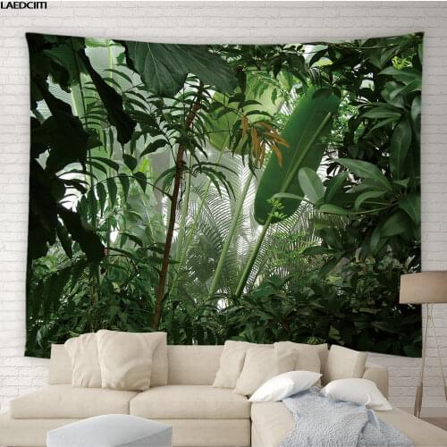 Tropical Jungle Scenery Tapestry Bohemia Green Leafs Cactus Flowers Background Wall Hanging Cloth Living Room Bedroom Home Decor
