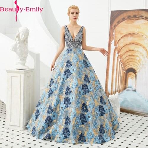 Evening Dress 2020 Long Real Photo Sexy V Neck Sleeveless Beaded Charming Backless Floral Print Formal Party Dress Appliques