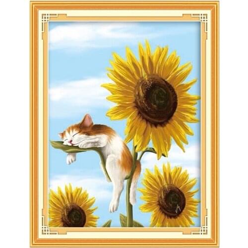 Needlework,Printed Animal Series Cross stitch,Sets For Embroidery kit Full Embroidery Cross-Stitching Silk Sunflowers Cat