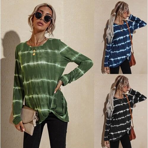 Women Fashion Tie-dye Striped Long Sleeve T-shirt Top Round Neck Loose Casual Shirt All-match Girls Personalized Cool T-shirt