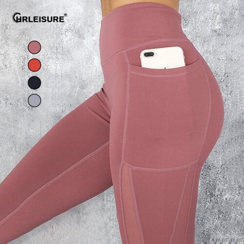 CHRLEISURE Pocket Leggings Women Mesh splicing Casual Pants Solid Breathable Women High Waist Push up Fitness Gym Leggings