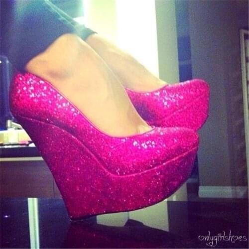 15CM Wedge Pumps Rose Red Shining Women High Heel Shoes Bling Bling Wedding Dress Shoes Big Size 34 45