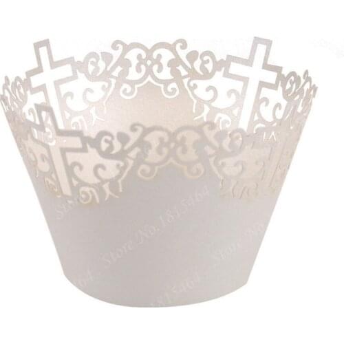 60pcs Cross Baptism Cupcake Wrapper Wraps Christian Catholic Wedding Lace Out Cake Cupcake Wrappers Muffin Baking Cup Cake Decor