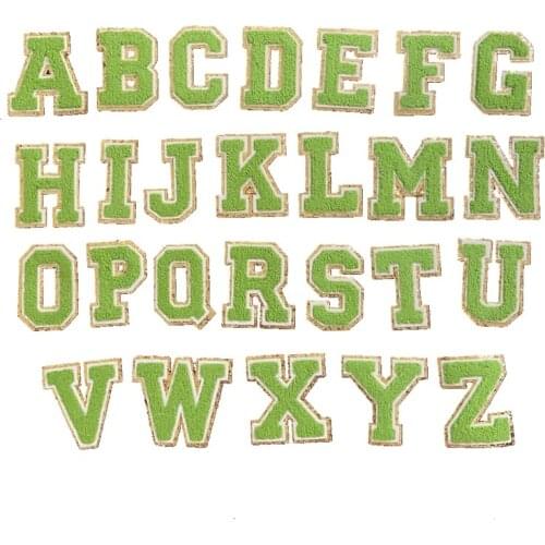 2021 New 3D Green Gold A-Z 26 Letters Chenille Embroidered Patches iron on Alphabet Letters Embroidery Applique Sewing 1 Set
