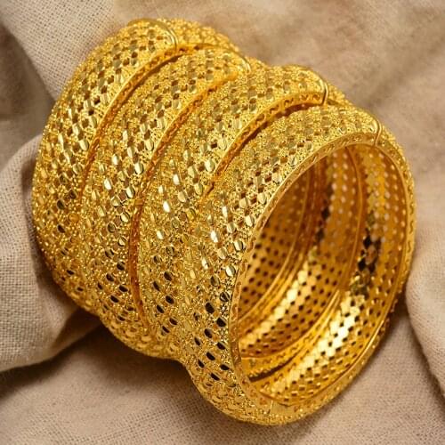 Wando 4Pcs/lot Big Africa Dubai Gold Color Bangles for Women Gold Dubai Bride Ethiopian Wedding Bracelet Bangle Arab Jewelry