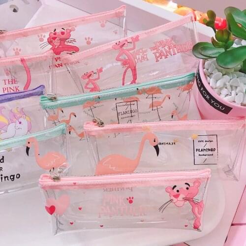 Kawaii Cute Pink Flamingo Unicorn Panther PVC Pencil Case School Supplies Bts Stationery Gift School Pencil Box Pencilcase Bag
