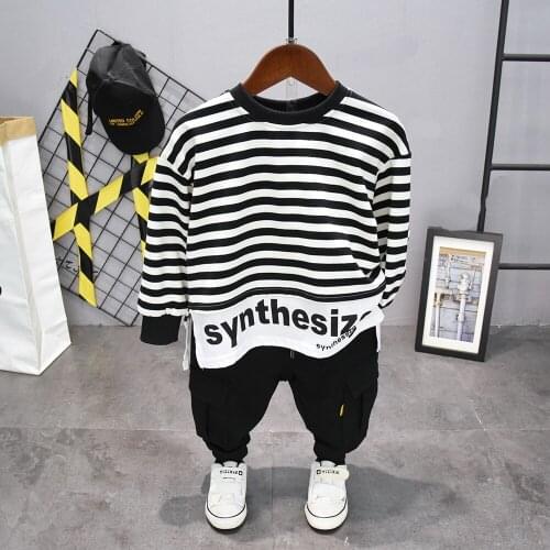 2-7Y Baby Boy Clothes Cotton Kids Girls Clothing Set Unisex Children Spring Sports Wear Toddler Playsuit Stripes White Top Pants