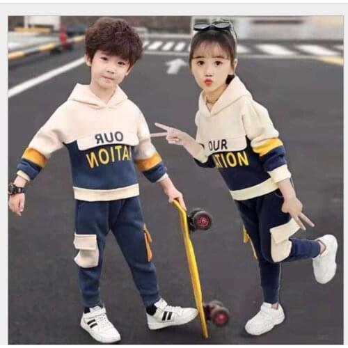 Kids Velvet Warm Causual Clothes Sets Boy Girls Autumn Winter Blue Orange Childrens Hooded Tops and Pants Tracksuit 2pc Sets