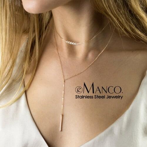 E-Manco Fashion Double-layer stainless steel Gold Chain necklace women Dainty Imitation pearls Choker Necklace for women