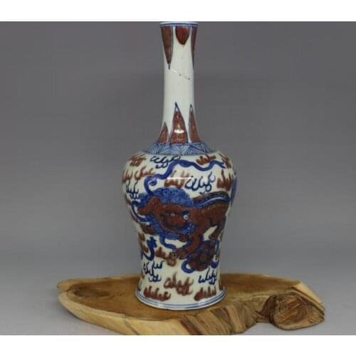 Antique Chinease QingDynasty porcelain vase,Blue & red lion bottle,crafts, Decoration,collection & adornment, Free shipping