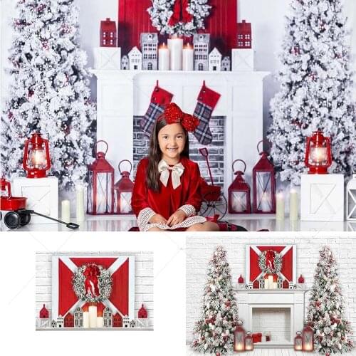 Christmas Fireplace Backdrop White Brick Wall Photography Background Xmas Tree Wreath Decor Baby Portrait Photo Props Studio
