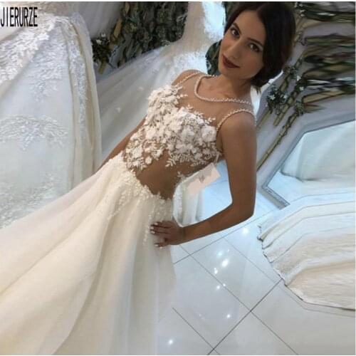 JIERUIZE Sexy Illusion Wedding Dress Sheer Scoop Neck 3D-Floral Appliques Zipper Back Boho Bride Dresses robe de mariee